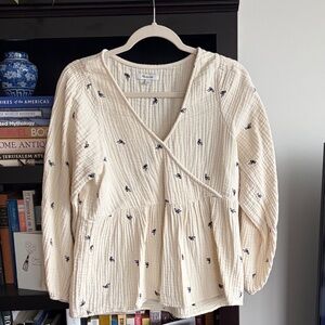 Madewell Cream Textured Blouse with Bow Embroidery